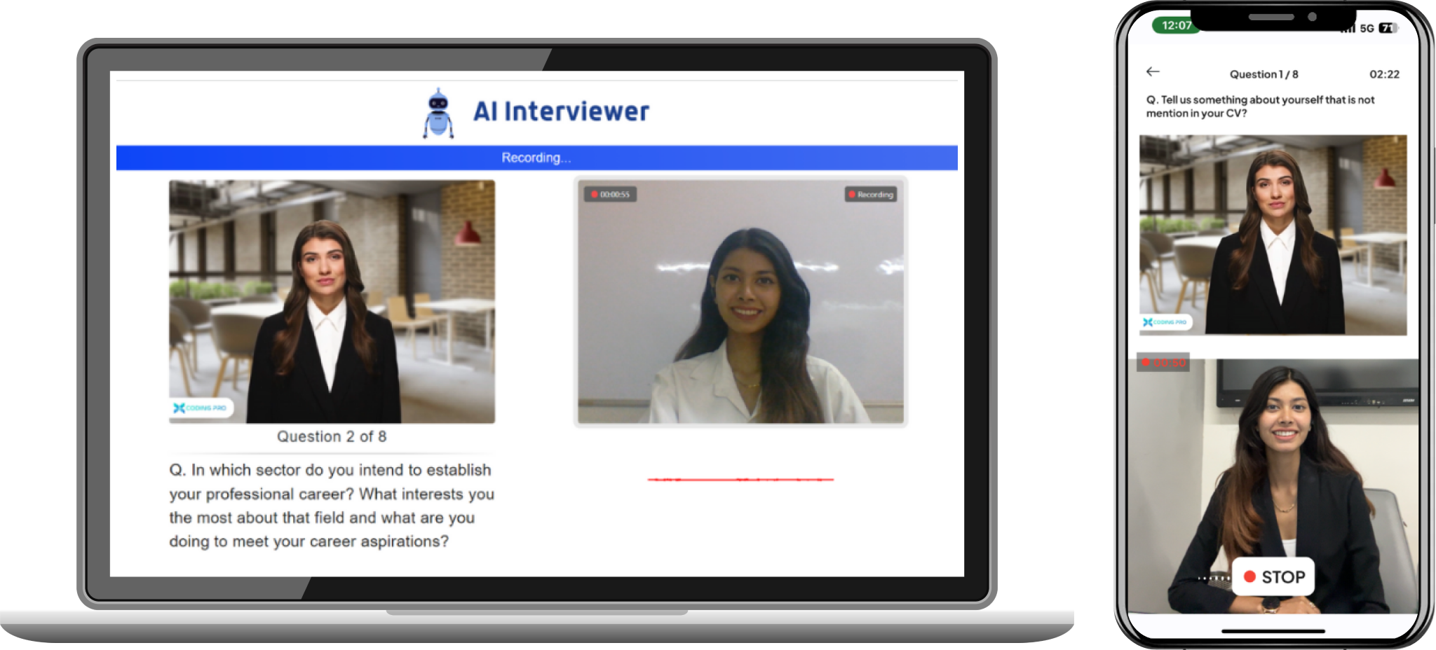 AI interviewer — laptop and phone interface for mock interviews